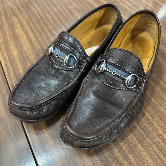 Gucci Silver Horsebit Brown Italian Leather Slip On Loafers Men's Size 8.5